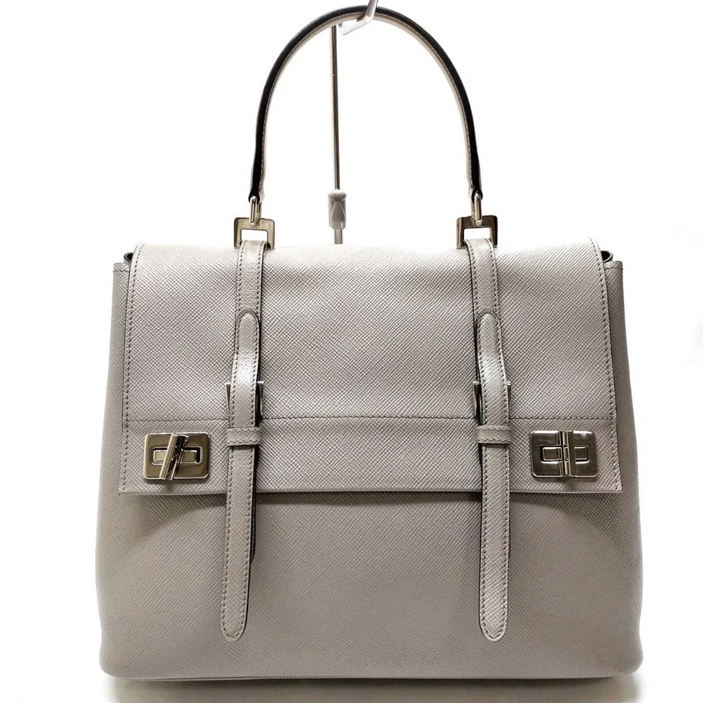 Prada Twin Saffiano Taupe Double TurnLock Satchel Tote Handbag Top Handle Cuir